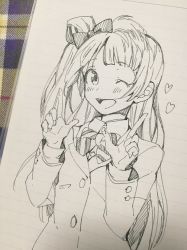 Rule 34 | 10s, 1girl, ;d, blazer, blush, bow, buttons, hair bow, hand gesture, heart, index finger raised, jacket, long hair, looking at viewer, love live!, love live! school idol project, minami kotori, monochrome, one eye closed, open mouth, paper, pen (medium), photo (medium), school uniform, side ponytail, smile, solo, traditional media, upper body, yuzuhara moke