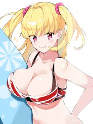 Rule 34 | 1girl, bikini, blonde hair, blunt bangs, blush, breasts, cleavage, collarbone, hair ornament, hair scrunchie, highres, large breasts, long hair, looking at viewer, red bikini, red eyes, scrunchie, sen (natuo8805), simple background, smile, solo, sparkle, surfboard, swimsuit, tokyo 7th sisters, two side up, uesugi u. kyouko, white background
