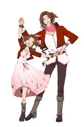 Rule 34 | 1boy, 1girl, absurdres, aerith gainsborough, arms up, bandana, bandana around neck, belt, boots, bracelet, bright pupils, brown footwear, brown hair, brown pants, chinese commentary, commentary request, cropped jacket, dress, dress ribbon, fermium.ice, final fantasy, final fantasy vii, full body, genderswap, genderswap (ftm), green eyes, hair ribbon, happy, height difference, highres, holding hands, jacket, jewelry, knee boots, leaning to the side, leather belt, leg up, long dress, long hair, looking at viewer, neck ribbon, one eye closed, open clothes, open jacket, open mouth, pants, parted bangs, pink bandana, pink dress, pink ribbon, pink shirt, ponytail, red jacket, ribbon, shirt, short sleeves, simple background, smile, standing, teeth, upper teeth only, v-neck, wavy hair, white background