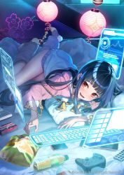 Rule 34 | 1girl, absurdres, black hair, blush, bottle, cellphone, character request, chips (food), controller, food, full body, game controller, highres, holographic interface, holographic keyboard, hood, hood down, hoodie, leg warmers, long hair, long sleeves, looking at viewer, lying, n-innocence, no shoes, official art, on bed, on side, open mouth, phone, pink hoodie, red eyes, saraki, smartphone, solo, stirrup legwear, tassel, toeless legwear, very long hair