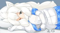 Rule 34 | 1girl, animal ear fluff, animal ears, blue necktie, blue skirt, blush, breasts, closed mouth, commentary request, cowboy shot, elbow gloves, gloves, grey eyes, kemono friends, large breasts, lets0020, lion ears, lion girl, long hair, looking at viewer, lying, medium bangs, necktie, numbered, on side, one eye closed, pillow, plaid, plaid necktie, plaid skirt, pleated skirt, shirt, skirt, smile, solo, very long hair, white gloves, white hair, white lion (kemono friends), white shirt