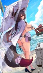 1girl absurdres animal_ear_fluff animal_ears ass beach bikini blue_archive blush breasts flower fox_ears fox_girl fox_tail from_behind hair_ornament halo highres hovercraft ishijimajirou kimono_on_shoulders large_breasts long_hair looking_at_viewer looking_back oil-paper_umbrella open_mouth palm_tree parasol red_halo sideboob smile solo standing string_bikini swimsuit tail tail_flower tail_ornament thigh_strap tree umbrella very_long_hair wakamo_(blue_archive) wakamo_(swimsuit)_(blue_archive) water watercraft white_bikini yellow_eyes
