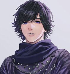 Rule 34 | 1boy, animification, black hair, chain, chase (kamen rider drive), commentary request, highres, jacket, kamen rider, kamen rider drive (series), long sleeves, male focus, purple eyes, purple hair, realistic, sasakura34, scarf, short hair, upper body, weapon