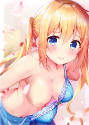 Rule 34 | blend s, blonde hair, blue eyes, blush, breasts, cherry blossoms, female focus, hinata kaho, hiroki (yyqw7151), large breasts, long hair, looking at viewer, nipples, one breast out, removing bra, tagme, topless, undressing