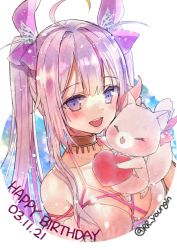 Rule 34 | animal ears, blush, bow, breasts, cleavage, collarbone, dated, gold choker, hair bow, happy birthday, heart, jin young-in, korean commentary, medium breasts, mixed-language commentary, na sera, nijisanji, nijisanji kr, pink hair, purple bow, purple eyes, smile, solo, squirrel ears, twintails, twitter username, virtual youtuber, white background