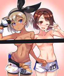 Rule 34 | 2girls, :&lt;, absurdres, bar censor, bea (pokemon), black hairband, blush, breasts, brown eyes, brown hair, censored, closed mouth, clothes writing, collarbone, commentary request, creatures (company), dark-skinned female, dark skin, dynamax band, eyelashes, female focus, game freak, gloria (pokemon), gloves, grey hair, gym leader, hairband, hand on another&#039;s hip, highres, holding, holding poke ball, looking at viewer, medium breasts, multiple girls, navel, nintendo, nootomo, one eye closed, open mouth, out of frame, pointing, pointing at self, poke ball, pokemon, pokemon swsh, print shorts, purple eyes, salmon background, short hair, shorts, shorts writing, simple background, single glove, smile, tareme, topless, ultra ball, wink