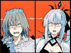 Rule 34 | 1boy, 1girl, angry, black border, blue eyes, border, fate/grand order, fate (series), grey hair, highres, ki wa001, long hair, morgan le fay (fate), oberon (fate), oberon (third ascension) (fate), ponytail, red background