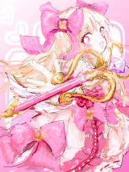 Rule 34 | 1girl, absurdres, blonde hair, bloomers, chaos marie (grimms notes), dress, grimms notes, hair ribbon, heart, heart-shaped pupils, highres, long hair, looking to the side, open mouth, pink background, pink eyes, ribbon, si toyaka, sketch, smile, solo, symbol-shaped pupils, underwear, wand, weapon