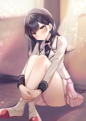 Rule 34 | 1girl, ayuma sayu, object behind ear, black hair, blurry, blurry background, blush, breasts, closed mouth, coat, curtains, tucking hair, head bowed, head tilt, highres, hugging own legs, crossed legs, long hair, long sleeves, looking at viewer, looking to the side, medium hair, miniskirt, original, pink skirt, pleated skirt, ribbon, school uniform, shirt, shoes, sitting, skirt, small breasts, smile, stocks, sunlight, uniform, wall, white curtains, window, yellow eyes