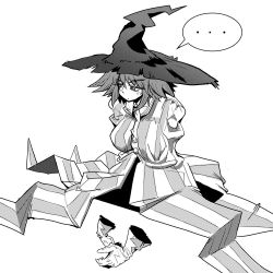 Rule 34 | 1girl, artist request, blush, breasts, gloves, hat, houshin engi, kinkouseiba, large breasts, monochrome, short hair, striped, witch hat