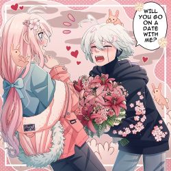 Rule 34 | 1boy, 1girl, :d, ahoge, alternate costume, android, antenna hair, black hoodie, blonde hair, blush, bouquet, cheer (cheerpuppy14), commentary, danganronpa (series), danganronpa v3: killing harmony, dating, dutch angle, english commentary, english text, flower, hair flower, hair ornament, heart, highres, holding, hood, hood down, hoodie, iruma miu, jacket, k1-b0, leaning forward, long hair, multicolored hair, notice lines, open mouth, pants, pink background, pink flower, pink hair, pink jacket, rabbit, shirt, short hair, smile, speech bubble, two-tone hair, white hair