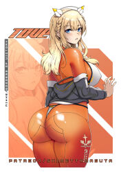 Rule 34 | 1girl, ass, ass focus, blonde hair, blue eyes, bodysuit, breasts, covered erect nipples, cropped jacket, from behind, goddess of victory: nikke, headgear, huge ass, large breasts, long hair, looking at viewer, looking back, shimetta masuta, sideboob, solo, thick thighs, thighs, thong, tove (nikke)