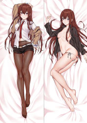 Rule 34 | 1girl, absurdres, ass, bed sheet, black panties, black pantyhose, black shirt, black shorts, blouse, brown hair, collared shirt, dakimakura (medium), dated, from above, full body, hair over breasts, hair over one breast, highres, lab coat, pantyhose under shorts, long hair, looking at viewer, lying, makise kurisu, multiple views, necktie, no bra, on back, on side, open clothes, open shirt, panties, panty pull, pantyhose, shirt, short shorts, shorts, steins;gate, string panties, underwear, white shirt, zui ai shuang mawei