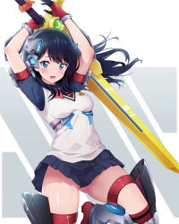 Rule 34 | 1girl, arm guards, armored boots, arms up, black hair, black shirt, black skirt, blue eyes, blush, boots, bow, bowtie, breasts, commentary request, cosplay, floating hair, gloves, gluteal fold, gridman (ssss), gridman (ssss) (cosplay), gridman universe, gridman universe (film), headgear, highres, holding, holding sword, holding weapon, long hair, looking at viewer, mecha musume, medium breasts, miniskirt, nanikairu, open mouth, orange scrunchie, paid reward available, pleated skirt, red bow, red bowtie, school uniform, scrunchie, shirt, short sleeves, skirt, solo, sweater vest, sword, takarada rikka, weapon, white sweater vest