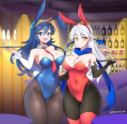 Rule 34 | 2girls, :d, absurdres, adapted costume, alternate breast size, alternate costume, animal ears, bar (place), bare shoulders, black gloves, blue eyes, blue hair, blue leotard, blue scarf, blurry, blurry background, breasts, brown pantyhose, cleavage, closed mouth, covered navel, cup, depth of field, detached collar, dress, drinking glass, elbow gloves, fake animal ears, fingerless gloves, fire emblem, fire emblem: radiant dawn, fire emblem awakening, gloves, grey hair, hair ribbon, half updo, highleg, highleg leotard, highres, holding, holding tray, indoors, jarckius, large breasts, leotard, long hair, looking at viewer, lucina (fire emblem), micaiah (fire emblem), multiple girls, necktie, nintendo, open mouth, pantyhose, playboy bunny, rabbit ears, red leotard, red thighhighs, ribbon, scarf, sleeveless, sleeveless dress, smile, standing, strapless, strapless leotard, thick thighs, thighhighs, thighs, tiara, tray, twitter username, waitress, wrist cuffs, yellow eyes