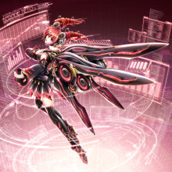 Rule 34 | 10s, 1girl, 2013, akatsuki akane, binary, boots, character name, detached sleeves, drill hair, floating hair, hand on own chest, headphones, highres, holographic interface, kasane teto, mechanical wings, outstretched arm, red eyes, red hair, skirt, solo, speaker, thigh boots, thighhighs, twin drills, twintails, utau, wings