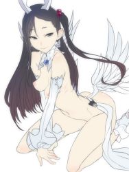 Rule 34 | 1girl, arched back, ban, bare shoulders, black eyes, black hair, breasts, detached collar, detached sleeves, hair bobbles, hair ornament, leaning forward, low wings, mahou shoujo (raita), navel, nipples, nitta yui, nude, one side up, perky breasts, simple background, sitting, smile, solo, swept bangs, wariza, white background, wings