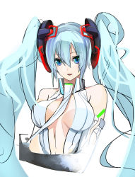 Rule 34 | 1girl, aqua hair, bare shoulders, blue eyes, breasts, breasts apart, center opening, elbow gloves, gloves, hair between eyes, hatsune miku, hatsune miku (append), light smile, long hair, mechanical parts, necktie, pupps, simple background, solo, twintails, upper body, very long hair, vocaloid, vocaloid append, white background
