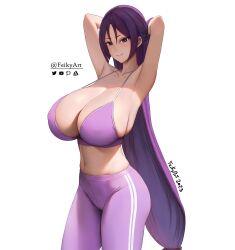 Rule 34 | 1girl, armpits, arms behind head, arms up, artist name, blush, breasts, collarbone, fate/grand order, fate (series), feikyart, highres, huge breasts, long hair, looking at viewer, minamoto no raikou (fate), navel, pants, parted bangs, purple eyes, purple hair, smile, solo, sports bra, very long hair, white background, yoga pants