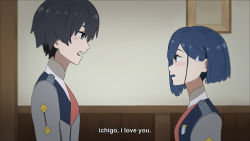 Rule 34 | 10s, 1boy, 1girl, anime coloring, bad id, bad pixiv id, black hair, blue eyes, blue hair, blush, commentary, couple, darling in the franxx, english commentary, english text, face-to-face, facing another, green eyes, hair ornament, hairclip, hetero, highres, hiro (darling in the franxx), ichigo (darling in the franxx), long sleeves, looking at another, military, military uniform, necktie, red neckwear, short hair, uniform, yanafikriana