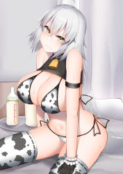 Rule 34 | 1girl, ahoge, animal print, bare shoulders, bell, bikini, black gloves, blush, bottle, breasts, cleavage, closed mouth, collar, cow print, cow print bikini, cowbell, fate/grand order, fate (series), gloves, highres, jeanne d&#039;arc (fate), jeanne d&#039;arc alter (avenger) (fate), jeanne d&#039;arc alter (fate), kitajima yuuki, large breasts, looking at viewer, milk bottle, navel, neck bell, print bikini, short hair, silver hair, sitting, swimsuit, thighhighs, thighs, tray, white bikini, white thighhighs, yellow eyes