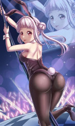 Rule 34 | 1girl, :p, animal ears, arashi chisato, artist name, artist request, ass, bare shoulders, black footwear, black leotard, blush, breasts, commentary, double bun, female focus, floating hair, from behind, glowstick, hair bun, hair tie, high heels, highres, leotard, long hair, looking at viewer, looking back, love live!, love live! superstar!!, medium breasts, on stage, pantyhose, parted lips, playboy bunny, pole dancing, rabbit ears, rabbit tail, red eyes, shoulder blades, sideboob, single sidelock, smile, solo, stage, stage lights, standing, standing on one leg, tail, tongue, tongue out, tsukimi seiya, wavy hair, white hair, white wrist cuffs, wing collar, wrist cuffs