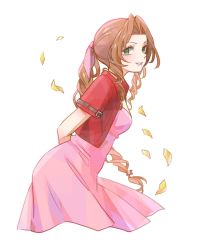 Rule 34 | 1girl, aerith gainsborough, arms behind back, breasts, brown hair, cropped jacket, dress, final fantasy, final fantasy vii, green eyes, hair intakes, hair ribbon, highres, jacket, long hair, looking at viewer, medium breasts, open clothes, open jacket, petals, pink dress, pink ribbon, red jacket, ribbon, short sleeves, simple background, smile, solo, toufu (toufu 53), white background