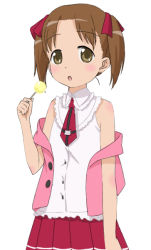Rule 34 | 1girl, :o, bare shoulders, blush, brown eyes, brown hair, buttons, hair ribbon, ichigo mashimaro, looking at viewer, matsuoka miu, off shoulder, open clothes, open mouth, open vest, pleated skirt, red ribbon, red skirt, ribbon, skirt, solo, standing, tareme, twintails, vest, yn (rakugaki log)
