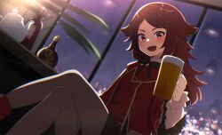 Rule 34 | 1girl, :d, alcohol, beer, beer mug, black pantyhose, black shorts, blush, brown hair, commission, cup, holding, holding cup, indoors, long hair, long sleeves, looking at viewer, mamyouda, mug, night, night sky, open mouth, pantyhose, red eyes, red shirt, shirt, shorts, sitting, skeb commission, sky, smile, solo, table, teeth, upper teeth only, vrchat, window