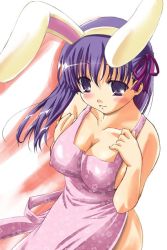 Rule 34 | 00s, animal ears, apron, blush, breasts squeezed together, breasts, cleavage, covered erect nipples, fate/stay night, fate (series), hair ribbon, large breasts, matou sakura, naked apron, purple eyes, purple hair, q-gaku, rabbit ears, ribbon, solo