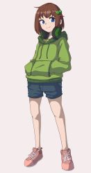 Rule 34 | 1girl, artist request, blue eyes, blue shorts, brown hair, child, closed mouth, female focus, freckles, full body, green headphones, green hoodie, hands in pockets, headphones, headphones around neck, highres, hood, hoodie, indie virtual youtuber, legs, lily hopkins, looking at viewer, nose, pink footwear, shoes, shorts, simple background, smile, sneakers, solo, tagme, white background