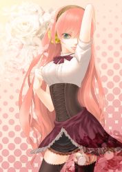 Rule 34 | arm up, blue eyes, flower, highres, looking at viewer, megurine luka, pink hair, rose, thighhighs, vocaloid