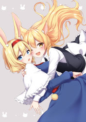 Rule 34 | 2girls, :o, ;d, absurdres, alice margatroid, animal ears, apron, back bow, bad id, bad pixiv id, black dress, blonde hair, blue dress, blue eyes, blush, bow, braid, breasts, capelet, cat ears, cat girl, dress, dutch angle, fang, frilled capelet, frills, grey background, hairband, highres, hug, kemonomimi mode, kirisame marisa, long hair, long sleeves, looking at viewer, medium breasts, multiple girls, no headwear, one eye closed, open mouth, rabbit ears, rabbit girl, rabbit tail, red hairband, shinonome asu, short hair, side braid, simple background, smile, tail, touhou, very long hair, waist apron, white apron, white bow, white capelet, yellow eyes