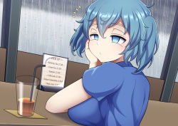 Rule 34 | 1girl, absurdres, bad id, bad nicoseiga id, bags under eyes, blouse, blue eyes, blue hair, blue shirt, breast rest, breasts, closed mouth, cookie (touhou), cup, drinking straw, english text, artistic error, expressionless, hair between eyes, highres, indoors, kawashiro nitori, kofji (cookie), kosumodansaa, large breasts, looking at viewer, looking back, manatsu no yo no inmu, menu, notice lines, rain, shirt, short hair, solo, touhou, two side up, upper body, water