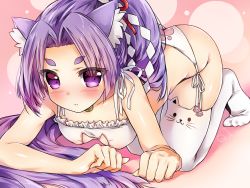 Rule 34 | 10s, 1girl, :3, all fours, animal ear legwear, animal ears, ass, bell, blush, breasts, cat cutout, cat ear legwear, cat ear panties, cat ears, cat lingerie, cleavage, cleavage cutout, clothing cutout, eyebrows, hatsuharu (kancolle), highres, jingle bell, kantai collection, long hair, looking at viewer, meme attire, nia, nia (leafunia), no shoes, panties, paw print, ponytail, print panties, purple eyes, purple hair, revision, side-tie panties, small breasts, solo, thighhighs, underwear, white panties, white thighhighs