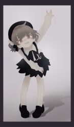 Rule 34 | 1girl, arm up, beret, black footwear, black hat, black ribbon, black skirt, blush, border, brown hair, collared shirt, crescent, ear blush, fang, flower, full body, grey background, grey border, hair flower, hair ornament, hair ribbon, hand blush, hand on own knee, hat, hatoba tsugu, highres, leaning forward, long sleeves, looking at viewer, mole, mole under eye, motion lines, neck ribbon, nose blush, open mouth, pantyhose, pigeon-toed, pleated skirt, purple eyes, raised eyebrows, ribbon, sha2mo, shadow, shirt, shoes, simple background, single hair ring, skirt, sleeves past wrists, smile, solo, standing, suspender skirt, suspenders, tiptoes, tsugu (vtuber), virtual youtuber, waving, waving arm, white flower, white pantyhose