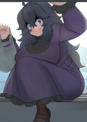 Rule 34 | 1girl, @ @, ahoge, alternate breast size, bag, bags under eyes, blue eyes, blush, breasts, commentary, creatures (company), dress, game freak, grocery bag, hair between eyes, hairband, hex maniac (pokemon), highres, john (a2556349), large breasts, long hair, looking at viewer, messy hair, nintendo, pantyhose, pokemon, pokemon xy, purple hair, purple hairband, shopping bag, smile, solo