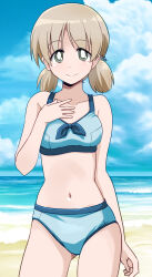 Rule 34 | 1girl, aki (girls und panzer), beach, bikini, blue bikini, blue sky, bright pupils, closed mouth, cloud, cloudy sky, cowboy shot, day, girls und panzer, green eyes, hair tie, hands on own chest, highres, horizon, light brown hair, looking at viewer, low twintails, navel, outdoors, ponzu rui, short hair, short twintails, sky, smile, solo, standing, swimsuit, twintails, white pupils