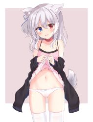 Rule 34 | 1girl, animal collar, animal ear fluff, animal ears, blue eyes, breasts, camisole, camisole lift, clothes down, clothes lift, collar, dog ears, dog tail, hair ribbon, hanakoizumi yoruno, heterochromia, highres, lifted by self, long sleeves, medium hair, one side up, original, panties, red eyes, ribbon, silver hair, small breasts, tail, thighhighs, underwear, white panties, white thighhighs, yoruno aoi