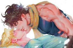Rule 34 | 2boys, bare shoulders, battle tendency, biceps, blonde hair, blue eyes, brown hair, caesar anthonio zeppeli, face-to-face, facial mark, homil22, imminent kiss, jojo no kimyou na bouken, joseph joestar, joseph joestar (young), lying, male focus, messy hair, multiple boys, muscular, muscular male, no headwear, on back, orange scarf, realistic, scarf, shirt, striped clothes, striped scarf, t-shirt, yellow scarf