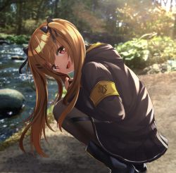Rule 34 | 1girl, akabane hibame, black pantyhose, blush, breasts, brown eyes, brown hair, day, fingerless gloves, girls&#039; frontline, gloves, hair between eyes, hair ornament, hairclip, highres, jacket, long hair, looking at viewer, open mouth, outdoors, pantyhose, ribbon, scar, scar across eye, scar on face, skirt, smile, squatting, twintails, ump9 (girls&#039; frontline)