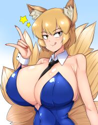 Rule 34 | 1girl, animal ear fluff, animal ears, bare shoulders, between breasts, black necktie, blonde hair, blue leotard, blush, breasts, covered navel, detached collar, fox, fox ears, fox girl, fox shadow puppet, fox tail, highres, kitsune, large breasts, leotard, looking at viewer, multiple tails, necktie, necktie between breasts, no headwear, norori, playboy bunny, short hair, smile, solo, strapless, strapless leotard, tail, touhou, wrist cuffs, yakumo ran, yellow eyes