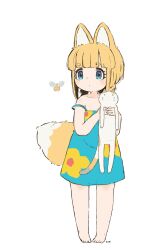 Rule 34 | 1girl, animal, animal ear fluff, animal ears, bare arms, bare shoulders, barefoot, bee, blonde hair, blue dress, blunt bangs, bug, cat, closed mouth, collarbone, commentary, dress, floral print, fox ears, fox girl, fox tail, full body, highres, holding, holding animal, insect, koyaonkoya, looking to the side, original, print dress, short eyebrows, simple background, sleeveless, sleeveless dress, solo, standing, strap slip, symbol-only commentary, tail, thick eyebrows, white background
