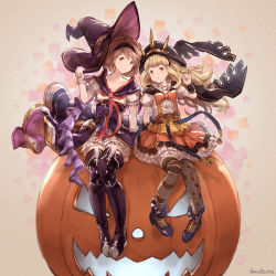 Rule 34 | alternate costume, asymmetrical legwear, bad id, bad pixiv id, blonde hair, blue eyes, blush stickers, boots, brown eyes, cagliostro (granblue fantasy), cagliostro (halloween) (granblue fantasy), capelet, djeeta (granblue fantasy), frills, gloves, granblue fantasy, hairband, hat, highres, holding, holding clothes, holding hat, hood, jack-o&#039;-lantern, long hair, milli little, mismatched legwear, neckerchief, open mouth, pleated skirt, puffy short sleeves, puffy sleeves, pumpkin, ribbon, sash, short hair, short sleeves, simple background, skirt, smile, suspenders, thigh boots, thighhighs, tiara, twitter username, waist cape, warlock (granblue fantasy), wizard hat