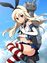 Rule 34 | 1girl, 1other, black hairband, black panties, blonde hair, blue sailor collar, blue skirt, blue sky, cloud, crop top, day, elbow gloves, gloves, grey eyes, hairband, highleg, highleg panties, highres, kantai collection, katsuobushi (eba games), long hair, looking at viewer, microskirt, midriff, miniskirt, navel, open mouth, panties, pleated skirt, rensouhou-chan, sailor collar, shimakaze (kancolle), skirt, sky, striped clothes, striped thighhighs, thighhighs, underwear, white gloves