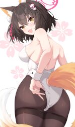 Rule 34 | 1girl, absurdres, animal ear fluff, animal ears, ass, black hair, black pantyhose, blue archive, blush, breasts, cowboy shot, fang, fingernails, fox ears, fox tail, halo, hayana neru, highres, izuna (blue archive), large breasts, leotard, looking at viewer, medium breasts, open mouth, pantyhose, pink halo, short hair, sideboob, simple background, skin fang, smile, solo, strapless, strapless leotard, tail, white background, white leotard, wrist cuffs, yellow eyes