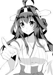 Rule 34 | 10s, 1girl, ahoge, breasts, detached sleeves, greyscale, hairband, highres, kantai collection, kongou (kancolle), large breasts, long hair, monochrome, nontraditional miko, simple background, smile, solo, white background, yappen, yatsu (sasuraino)