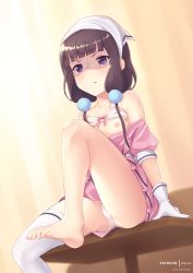 Rule 34 | 1girl, artist name, bad id, bad pixiv id, barefoot, black hair, blend s, blouse, blunt bangs, bow, bow bra, bra, bra lift, clothes down, collarbone, disgust, dress, dutch angle, feet, female focus, from below, gloves, head scarf, highres, indoors, knee up, looking at viewer, miniskirt, nipple slip, nipples, open clothes, open shirt, panties, pantyshot, parted lips, patreon, pink shirt, purple eyes, rikorin, sakuranomiya maika, shaded face, shirt, single thighhigh, sitting, skirt, solo, thighhighs, thighs, toes, underwear, v-shaped eyebrows, watermark, web address, white bra, white gloves, white panties, white thighhighs