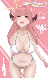 Rule 34 | 1girl, aru (blue archive), bikini, blue archive, breasts, cleavage, collarbone, cowboy shot, food, halo, halterneck, highres, horns, large breasts, long hair, looking at viewer, navel, open mouth, pink hair, popsicle, red eyes, side-tie bikini bottom, smile, solo, string bikini, swimsuit, thighs, vik (xypt7474), white bikini