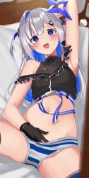 Rule 34 | 1girl, @ @, absurdres, amane kanata, blue hair, caught, colored inner hair, female masturbation, flesh fang, gloves, halo, highres, hololive, long hair, looking at viewer, masturbation, multicolored hair, on bed, open mouth, panties, purple eyes, sankon, solo, star halo, striped clothes, striped panties, tears, underwear, virtual youtuber, white hair